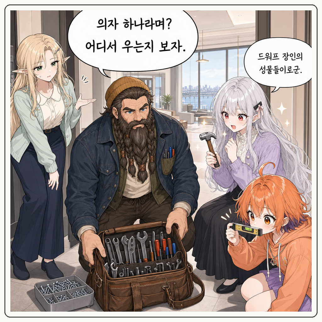 169화: 바르칸의 삐걱 의자 수리 (부제: 망치는 응원봉이 아니야) 002컷